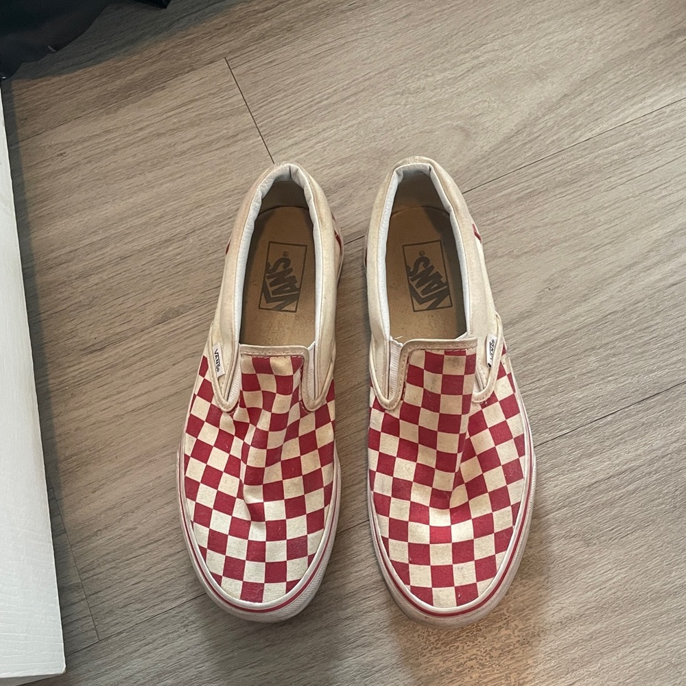 Red Checker Vans slip ons
